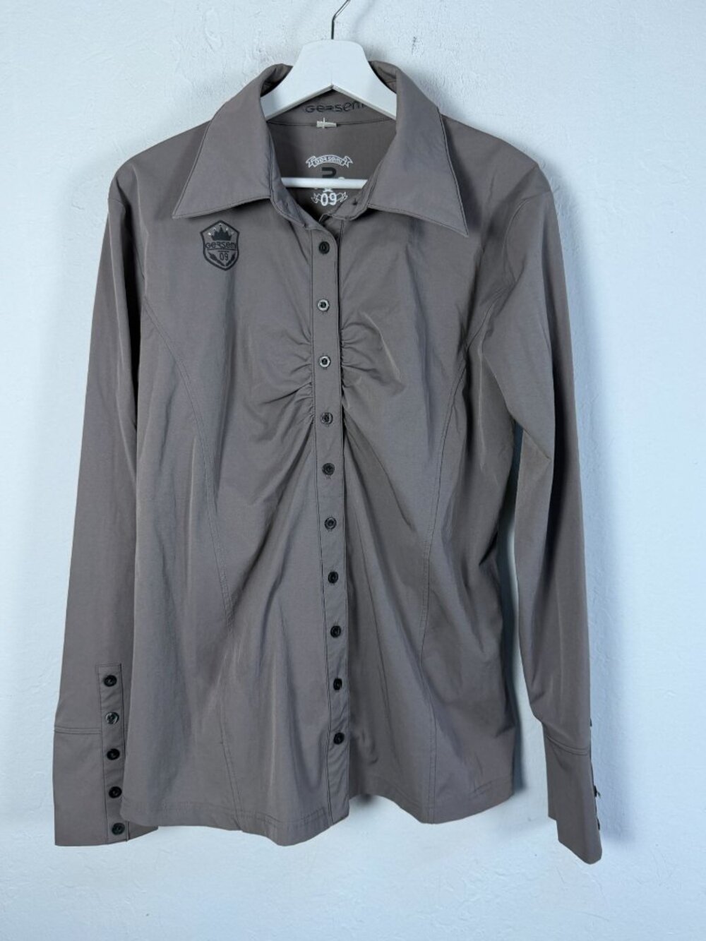 Gersemi Womens Taupe Ruched Front Equestrian Shirt Large Long Sleeve Stretch